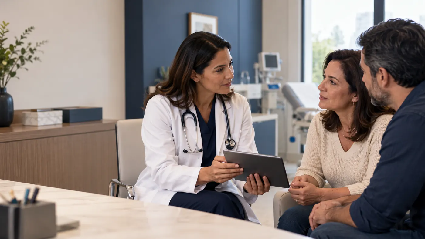 Médica conversando com um casal em consultório, mostrando o laudo em um tablet