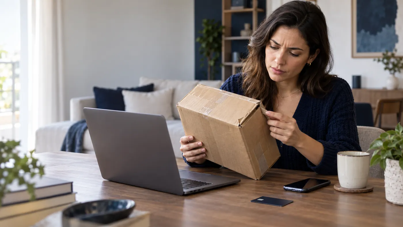 Mulher conferindo uma encomenda ao lado do notebook, com o cartão sobre a mesa