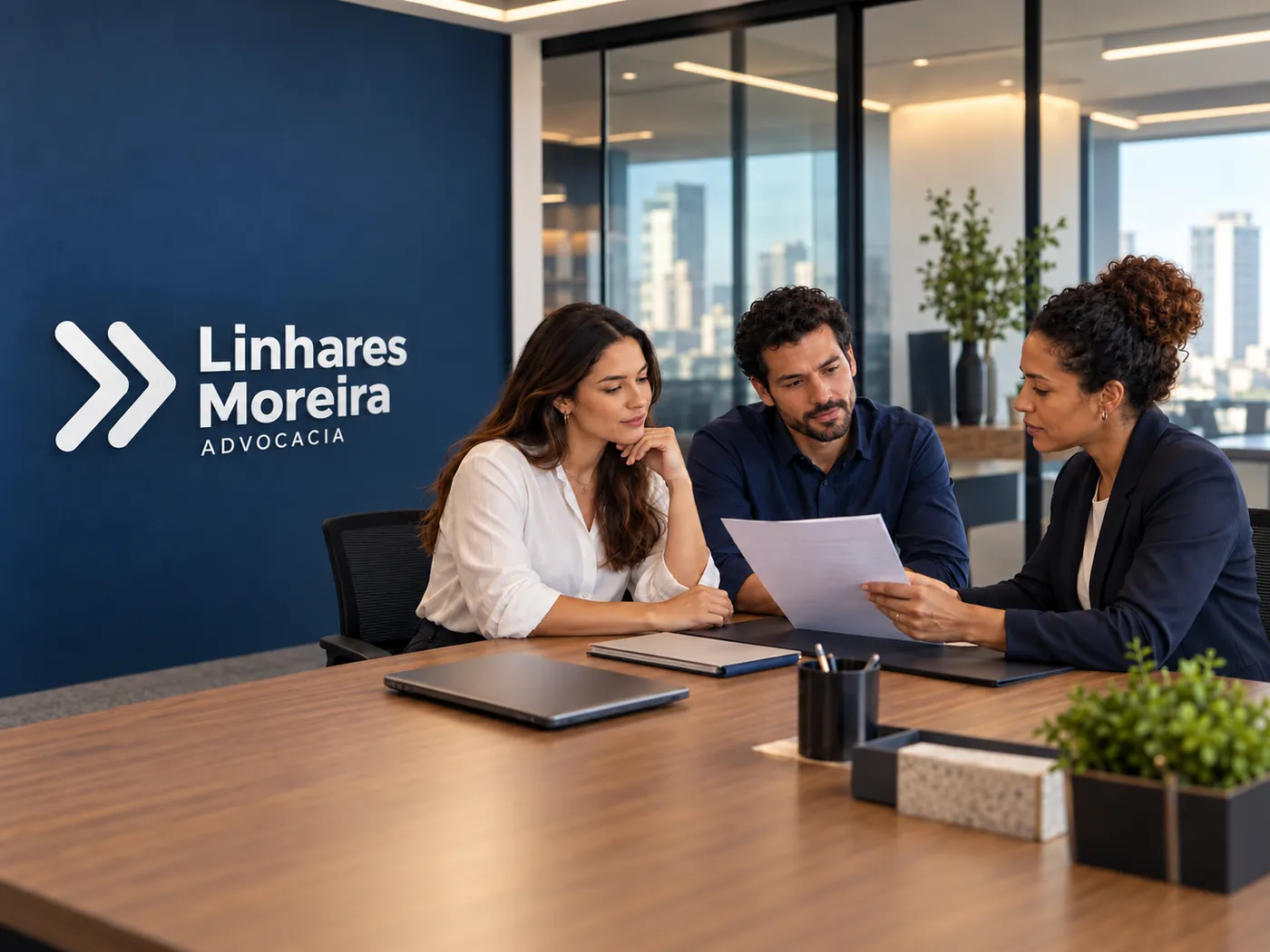 Advogada conversando com um casal na sala de reunião do escritório, com um documento em mãos