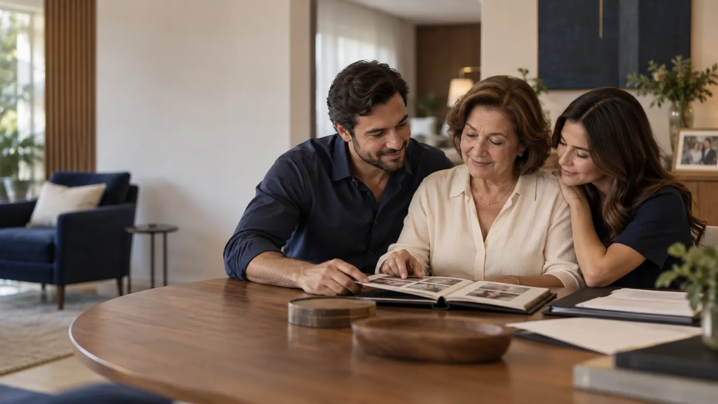 Família reunida à mesa, folheando um álbum ao lado de documentos