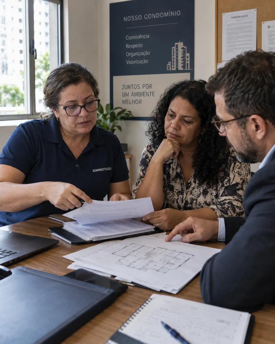 Reunião de administração de condomínio com prestação de contas e planta do prédio