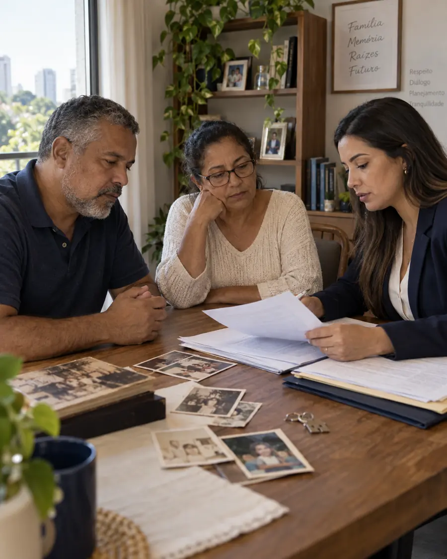 Casal e advogada sobre documentos e fotografias antigas de família
