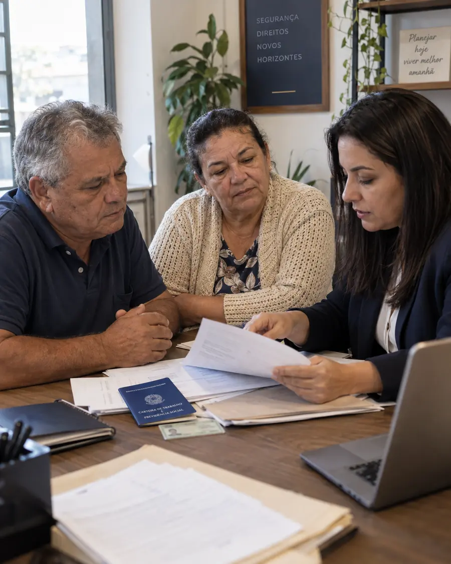 Advogada conferindo a carteira de trabalho e documentos com um casal aposentado