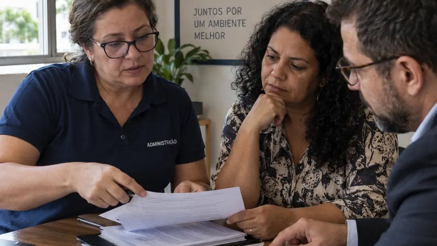 Três pessoas reunidas à mesa analisando documentos de um contrato de franquia