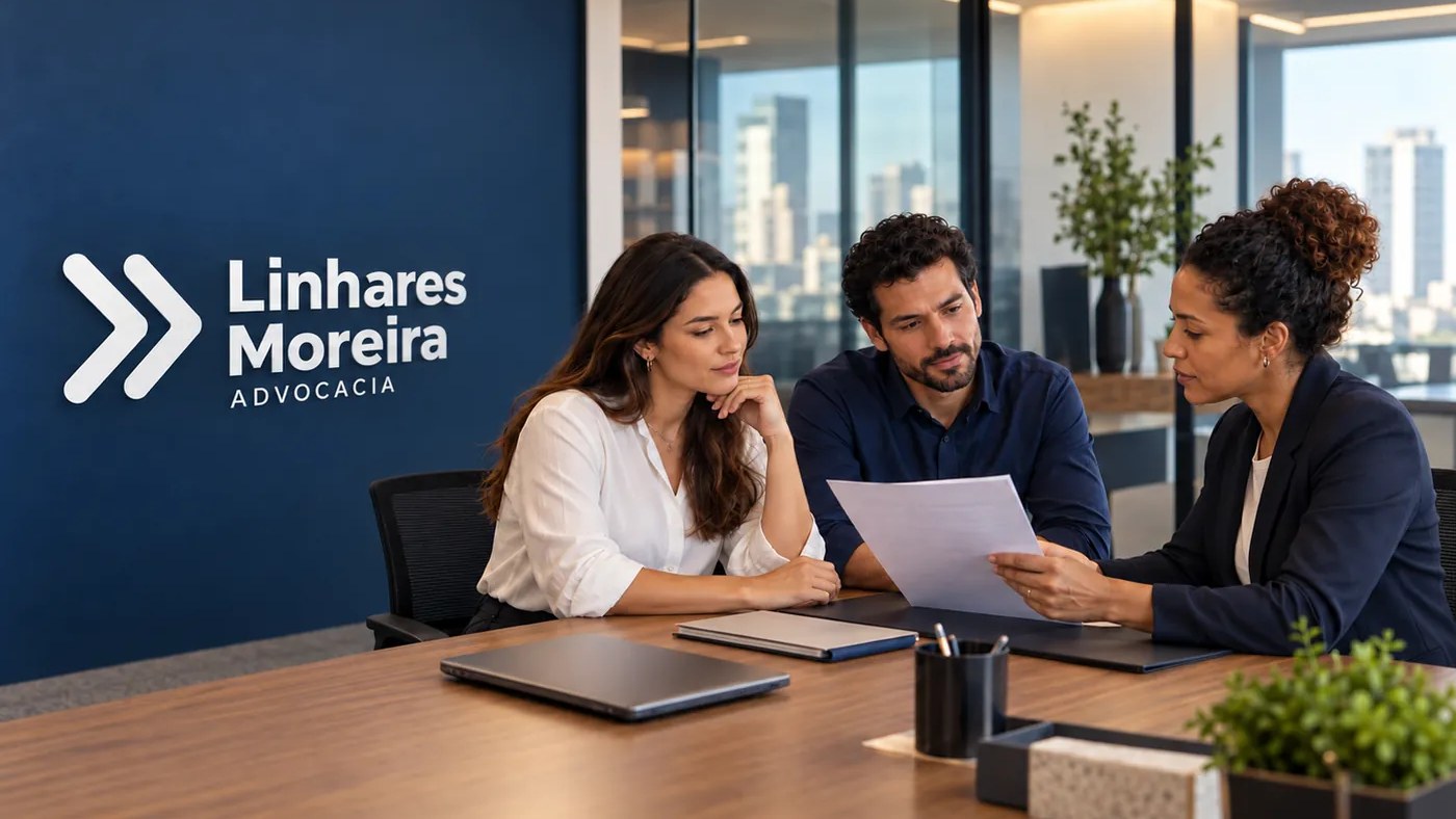 Três profissionais reunidos à mesa analisando documentos societários