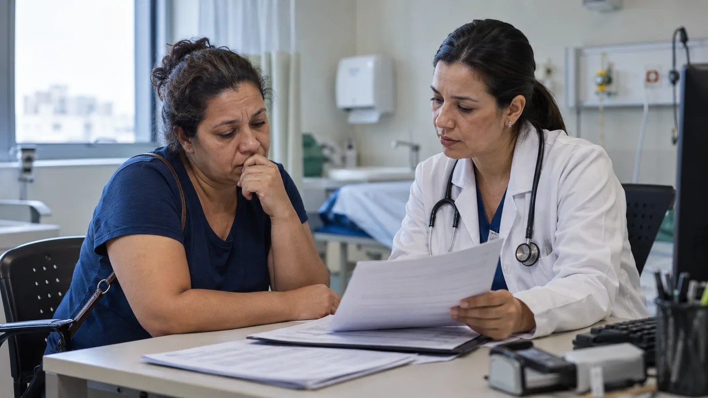 Paciente e médica lendo juntas o relatório clínico no consultório